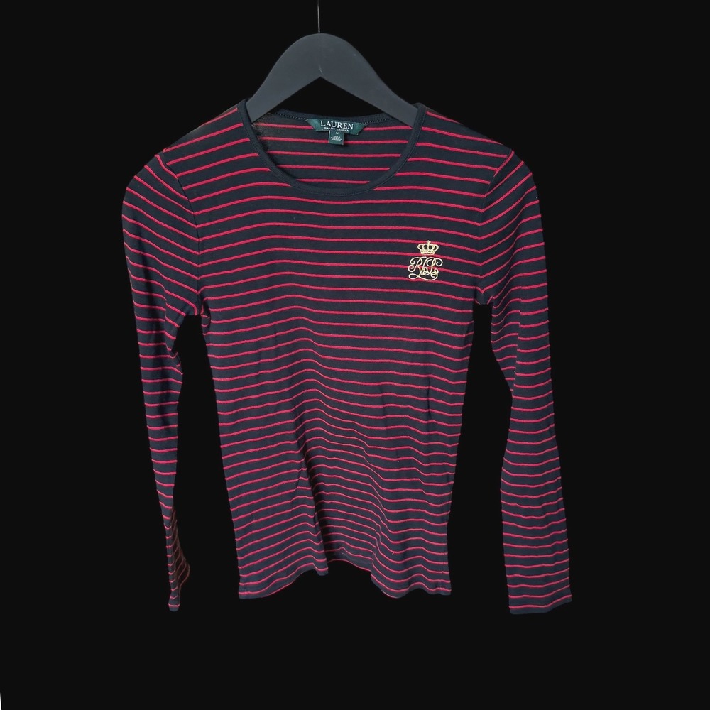 90's Lauren Ralph Lauren Navy Red Striped Long Sleeve Crest Top Womens Medium